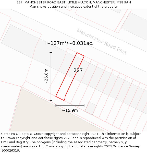 227, MANCHESTER ROAD EAST, LITTLE HULTON, MANCHESTER, M38 9AN: Plot and title map