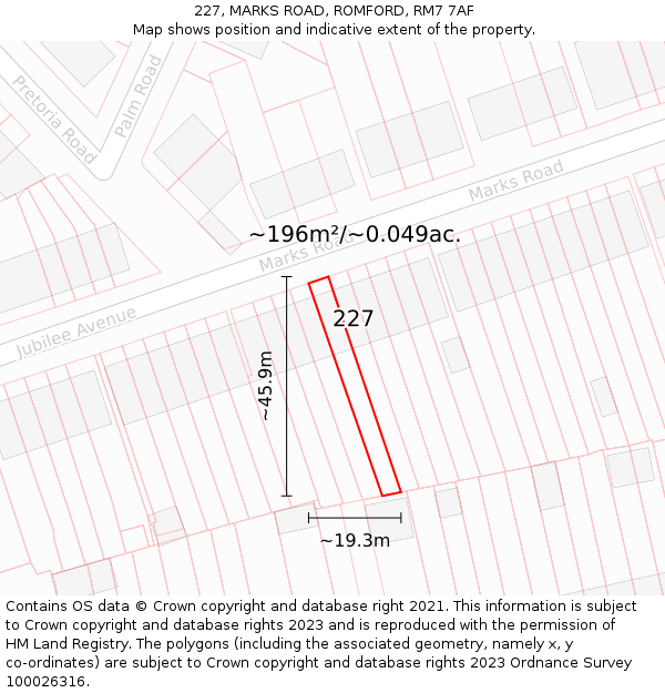 227, MARKS ROAD, ROMFORD, RM7 7AF: Plot and title map