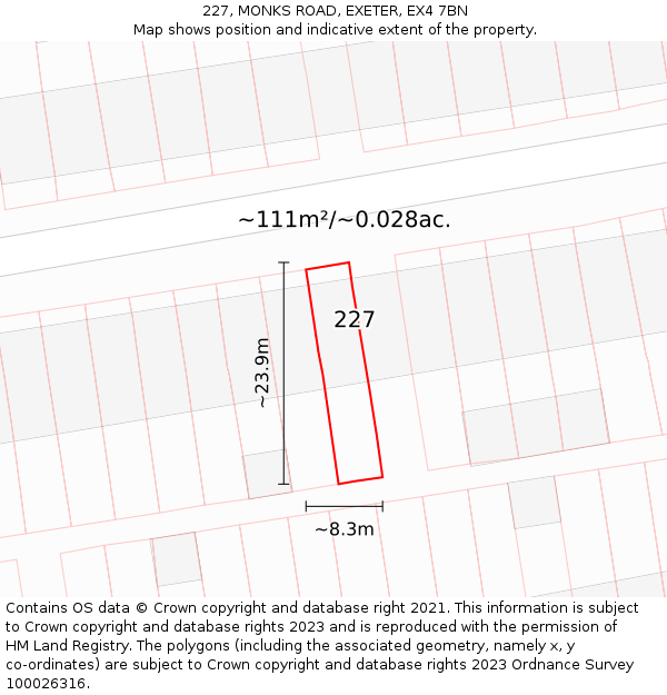 227, MONKS ROAD, EXETER, EX4 7BN: Plot and title map