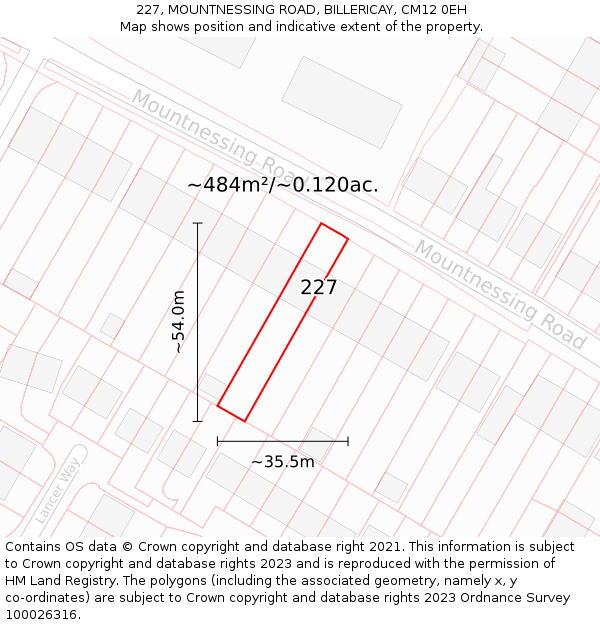 227, MOUNTNESSING ROAD, BILLERICAY, CM12 0EH: Plot and title map