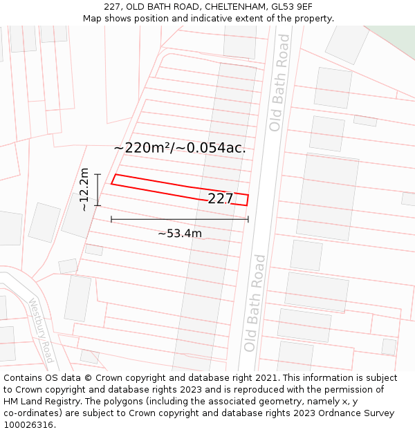 227, OLD BATH ROAD, CHELTENHAM, GL53 9EF: Plot and title map