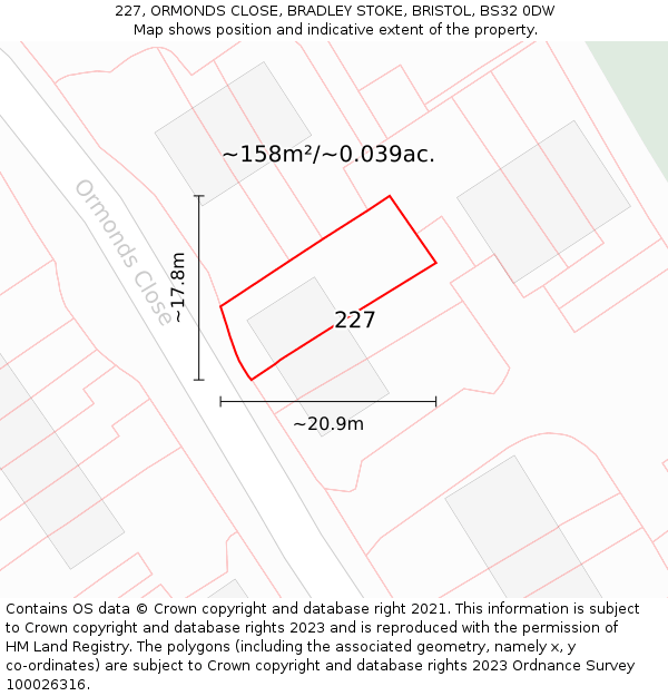 227, ORMONDS CLOSE, BRADLEY STOKE, BRISTOL, BS32 0DW: Plot and title map