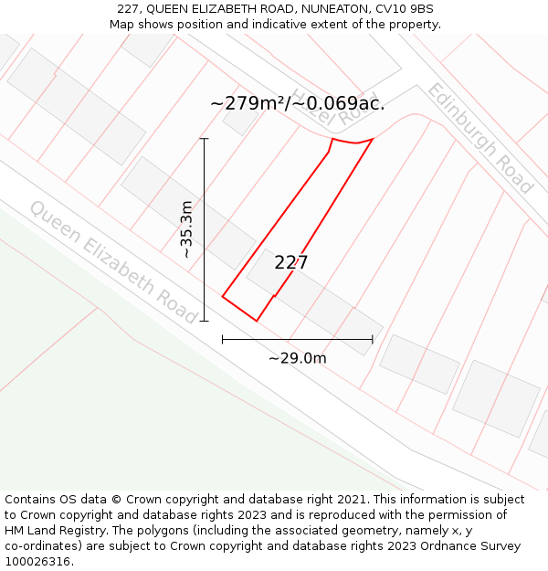 227, QUEEN ELIZABETH ROAD, NUNEATON, CV10 9BS: Plot and title map