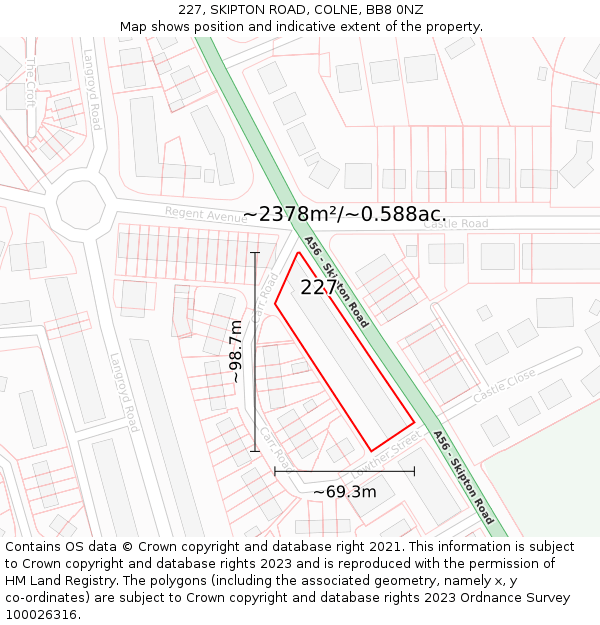 227, SKIPTON ROAD, COLNE, BB8 0NZ: Plot and title map
