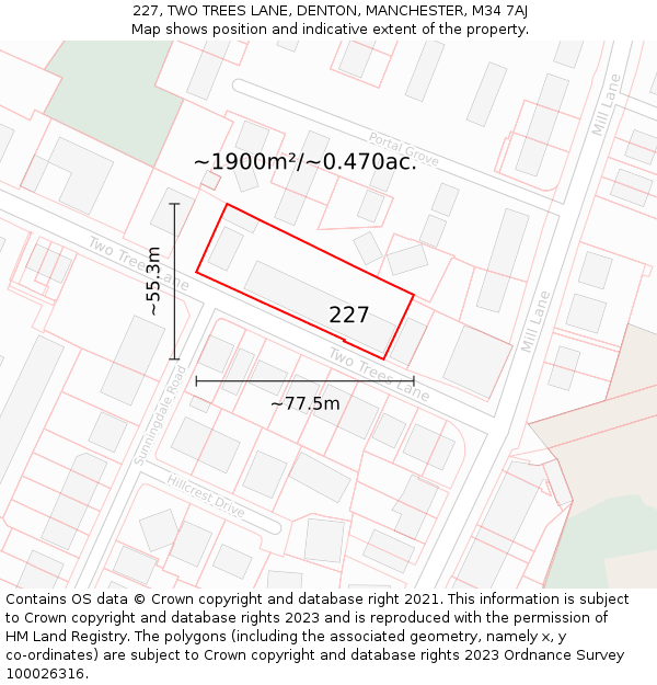 227, TWO TREES LANE, DENTON, MANCHESTER, M34 7AJ: Plot and title map