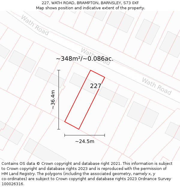 227, WATH ROAD, BRAMPTON, BARNSLEY, S73 0XF: Plot and title map