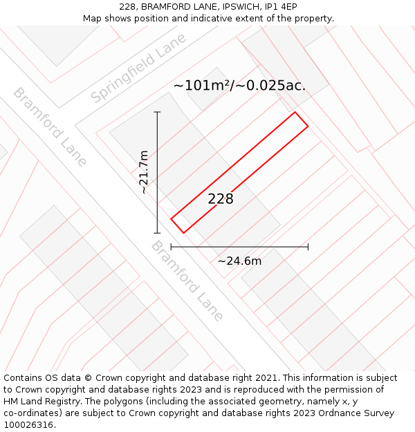 228, BRAMFORD LANE, IPSWICH, IP1 4EP: Plot and title map