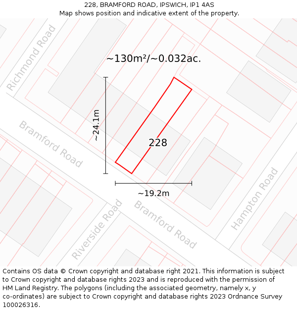 228, BRAMFORD ROAD, IPSWICH, IP1 4AS: Plot and title map