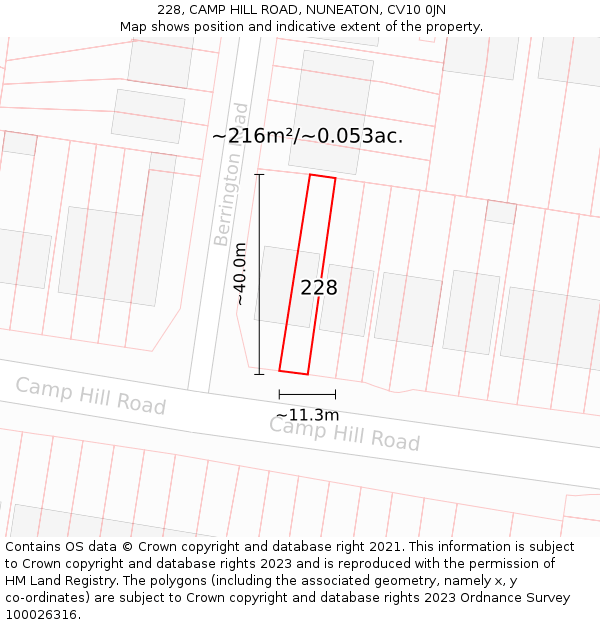 228, CAMP HILL ROAD, NUNEATON, CV10 0JN: Plot and title map