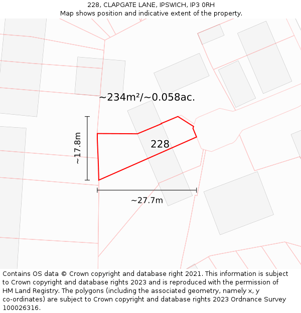 228, CLAPGATE LANE, IPSWICH, IP3 0RH: Plot and title map