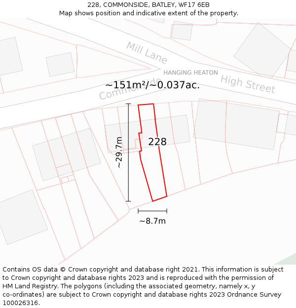 228, COMMONSIDE, BATLEY, WF17 6EB: Plot and title map