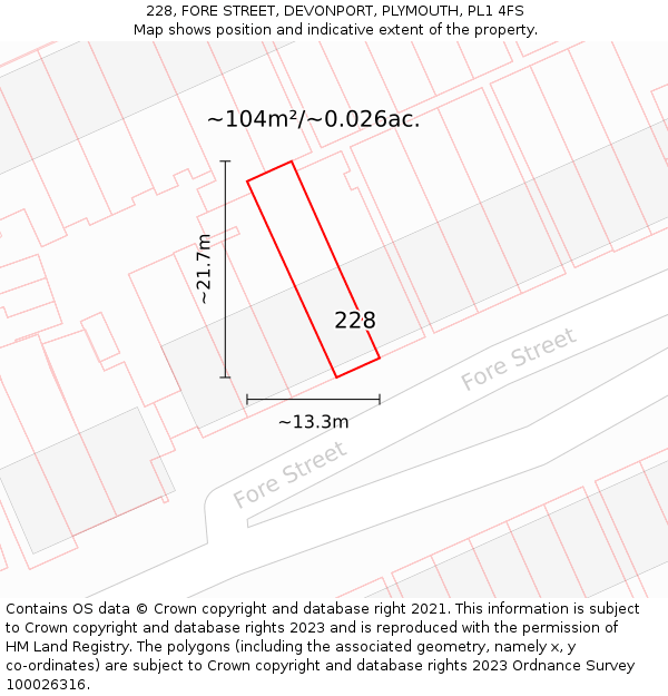 228, FORE STREET, DEVONPORT, PLYMOUTH, PL1 4FS: Plot and title map