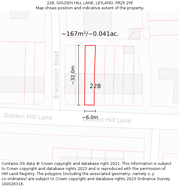 228, GOLDEN HILL LANE, LEYLAND, PR25 2YE: Plot and title map
