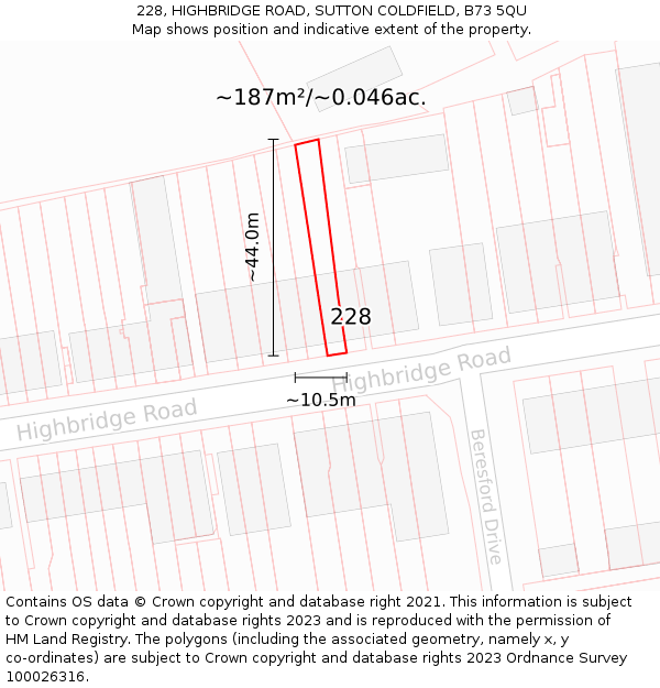 228, HIGHBRIDGE ROAD, SUTTON COLDFIELD, B73 5QU: Plot and title map