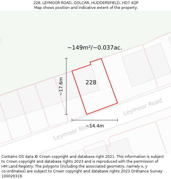 228, LEYMOOR ROAD, GOLCAR, HUDDERSFIELD, HD7 4QP: Plot and title map