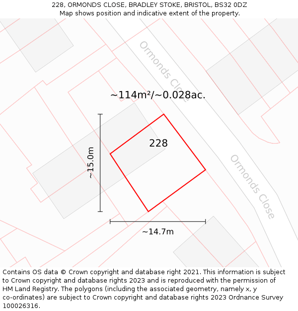 228, ORMONDS CLOSE, BRADLEY STOKE, BRISTOL, BS32 0DZ: Plot and title map