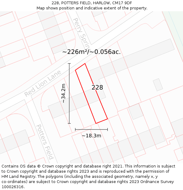 228, POTTERS FIELD, HARLOW, CM17 9DF: Plot and title map