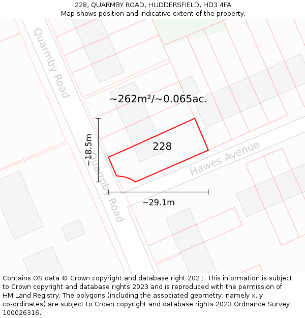 228, QUARMBY ROAD, HUDDERSFIELD, HD3 4FA: Plot and title map
