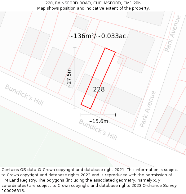 228, RAINSFORD ROAD, CHELMSFORD, CM1 2PN: Plot and title map
