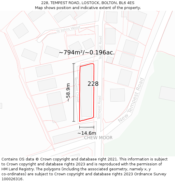 228, TEMPEST ROAD, LOSTOCK, BOLTON, BL6 4ES: Plot and title map
