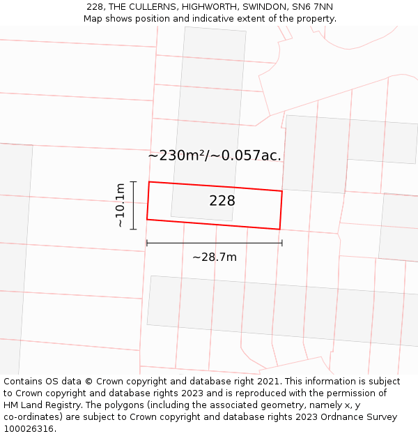 228, THE CULLERNS, HIGHWORTH, SWINDON, SN6 7NN: Plot and title map