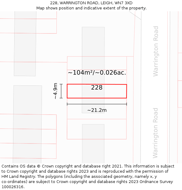 228, WARRINGTON ROAD, LEIGH, WN7 3XD: Plot and title map