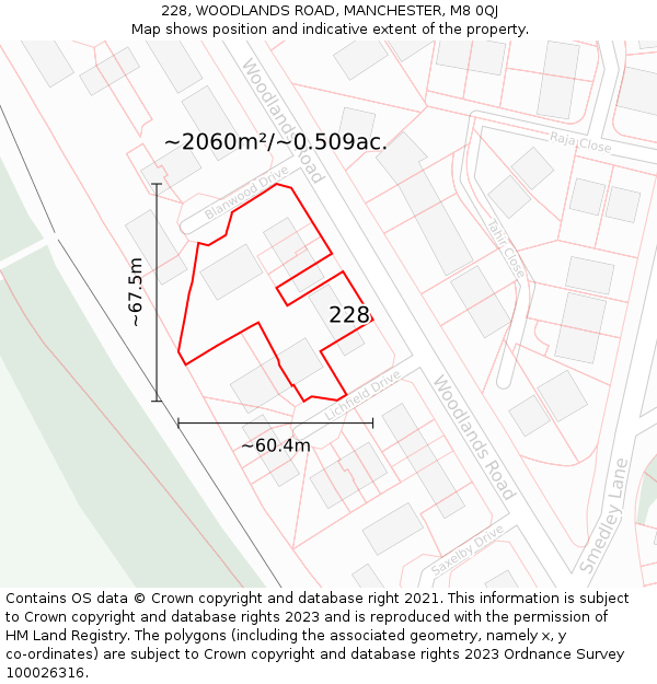 228, WOODLANDS ROAD, MANCHESTER, M8 0QJ: Plot and title map
