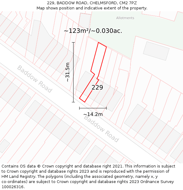 229, BADDOW ROAD, CHELMSFORD, CM2 7PZ: Plot and title map