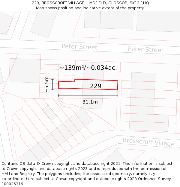 229, BROSSCROFT VILLAGE, HADFIELD, GLOSSOP, SK13 1HQ: Plot and title map