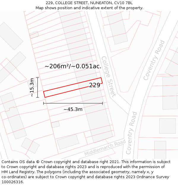 229, COLLEGE STREET, NUNEATON, CV10 7BL: Plot and title map