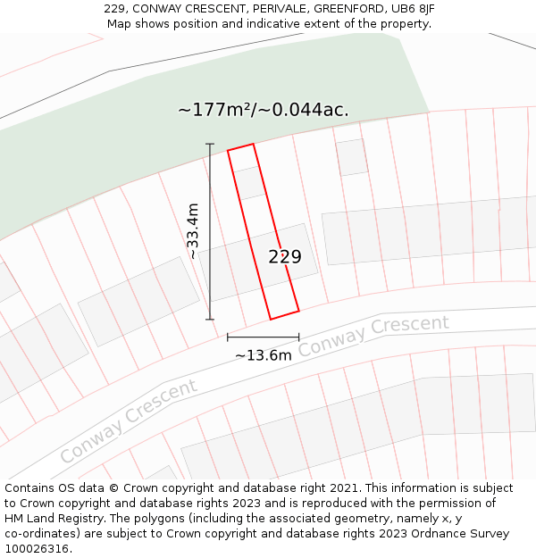 229, CONWAY CRESCENT, PERIVALE, GREENFORD, UB6 8JF: Plot and title map