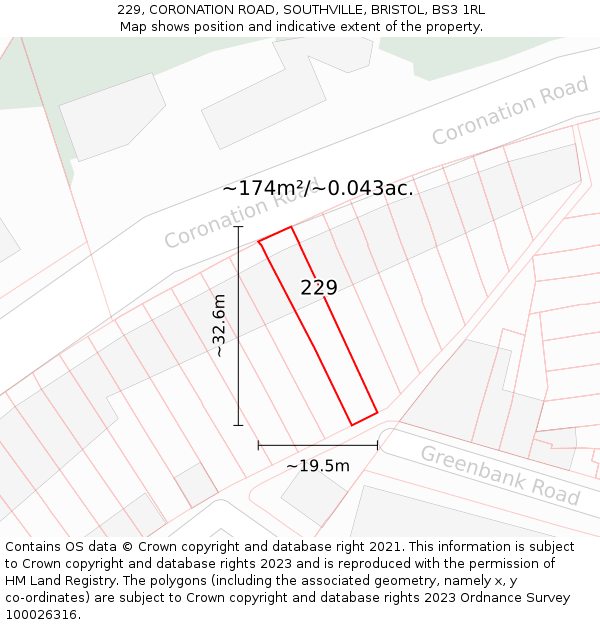229, CORONATION ROAD, SOUTHVILLE, BRISTOL, BS3 1RL: Plot and title map
