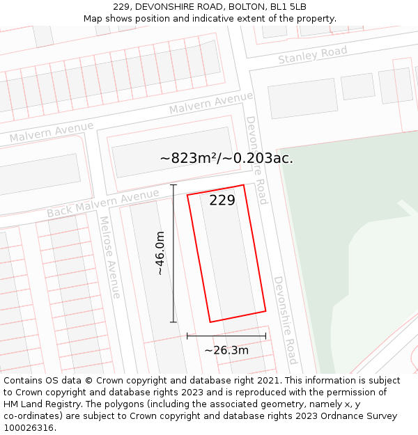 229, DEVONSHIRE ROAD, BOLTON, BL1 5LB: Plot and title map