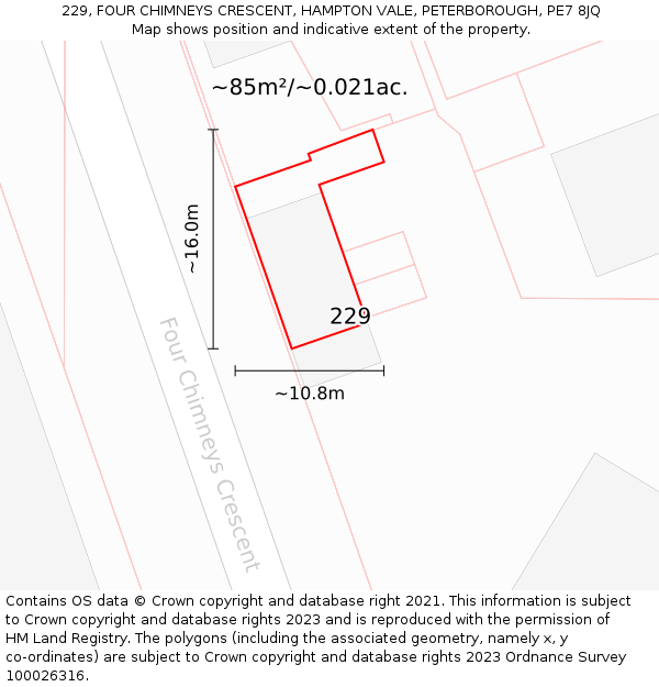 229, FOUR CHIMNEYS CRESCENT, HAMPTON VALE, PETERBOROUGH, PE7 8JQ: Plot and title map
