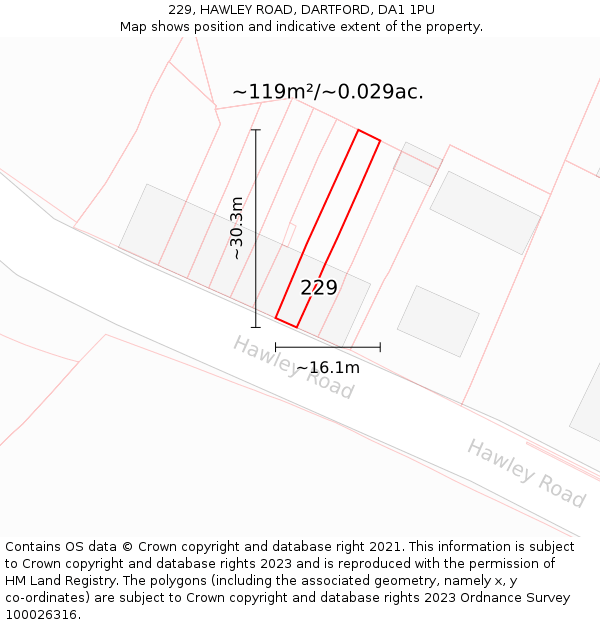 229, HAWLEY ROAD, DARTFORD, DA1 1PU: Plot and title map
