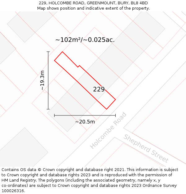 229, HOLCOMBE ROAD, GREENMOUNT, BURY, BL8 4BD: Plot and title map