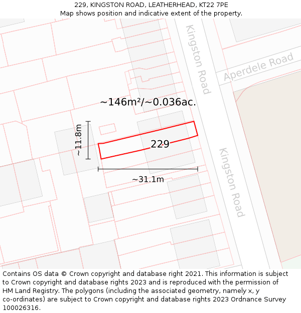 229, KINGSTON ROAD, LEATHERHEAD, KT22 7PE: Plot and title map