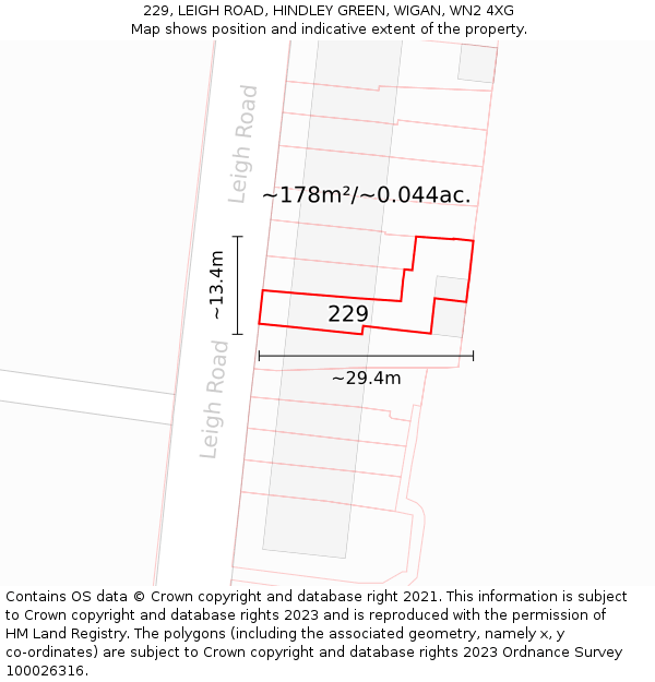 229, LEIGH ROAD, HINDLEY GREEN, WIGAN, WN2 4XG: Plot and title map