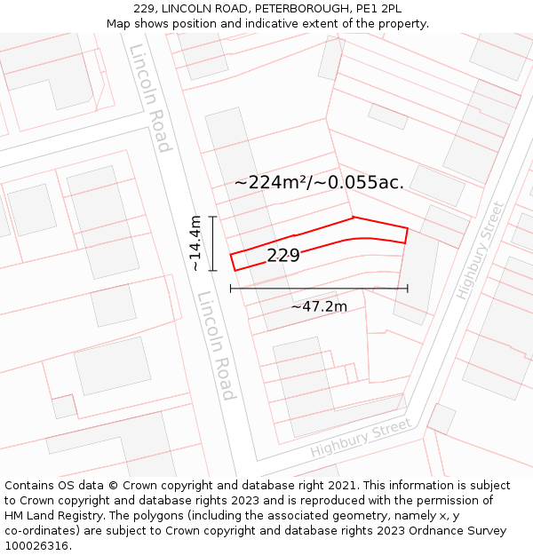 229, LINCOLN ROAD, PETERBOROUGH, PE1 2PL: Plot and title map