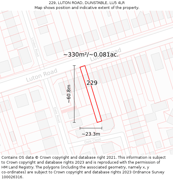 229, LUTON ROAD, DUNSTABLE, LU5 4LR: Plot and title map