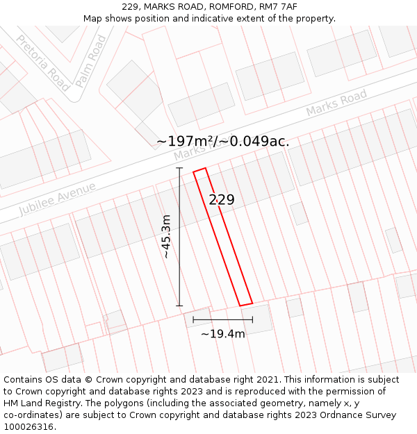 229, MARKS ROAD, ROMFORD, RM7 7AF: Plot and title map