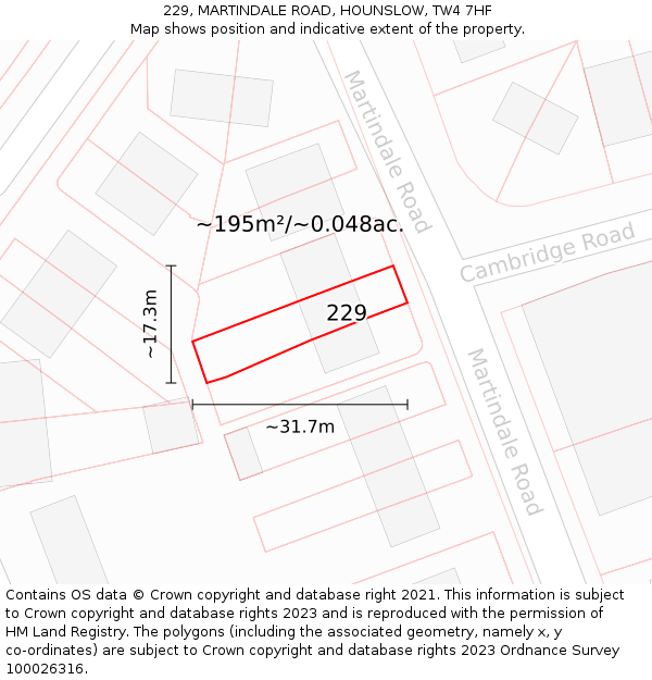 229, MARTINDALE ROAD, HOUNSLOW, TW4 7HF: Plot and title map