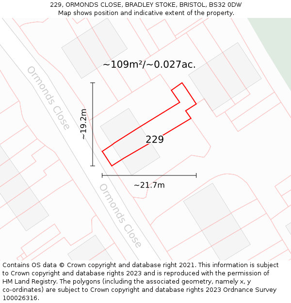 229, ORMONDS CLOSE, BRADLEY STOKE, BRISTOL, BS32 0DW: Plot and title map