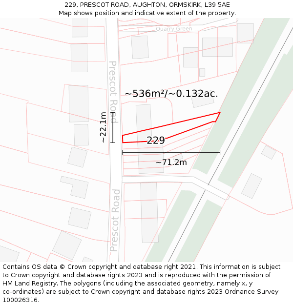 229, PRESCOT ROAD, AUGHTON, ORMSKIRK, L39 5AE: Plot and title map