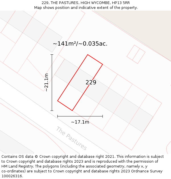 229, THE PASTURES, HIGH WYCOMBE, HP13 5RR: Plot and title map