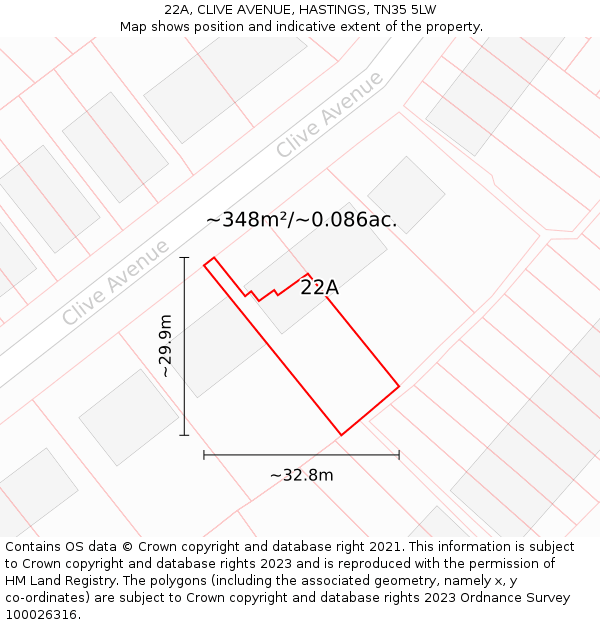 22A, CLIVE AVENUE, HASTINGS, TN35 5LW: Plot and title map