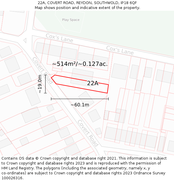 22A, COVERT ROAD, REYDON, SOUTHWOLD, IP18 6QF: Plot and title map
