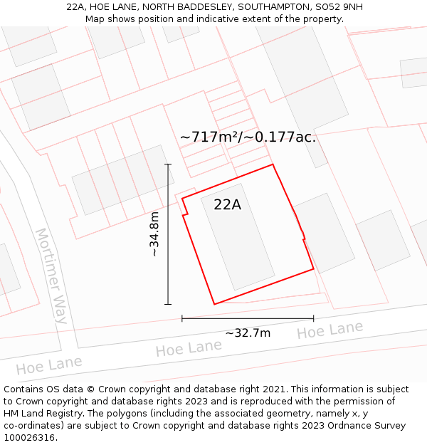 22A, HOE LANE, NORTH BADDESLEY, SOUTHAMPTON, SO52 9NH: Plot and title map