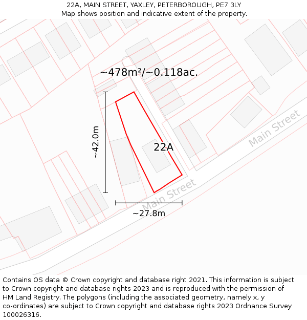 22A, MAIN STREET, YAXLEY, PETERBOROUGH, PE7 3LY: Plot and title map
