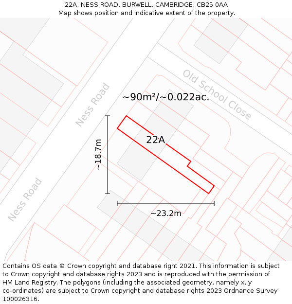 22A, NESS ROAD, BURWELL, CAMBRIDGE, CB25 0AA: Plot and title map